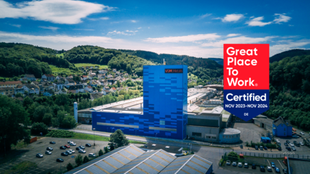 Aerial view of VDM Metals' Werdohl location with Great Place to Work logo